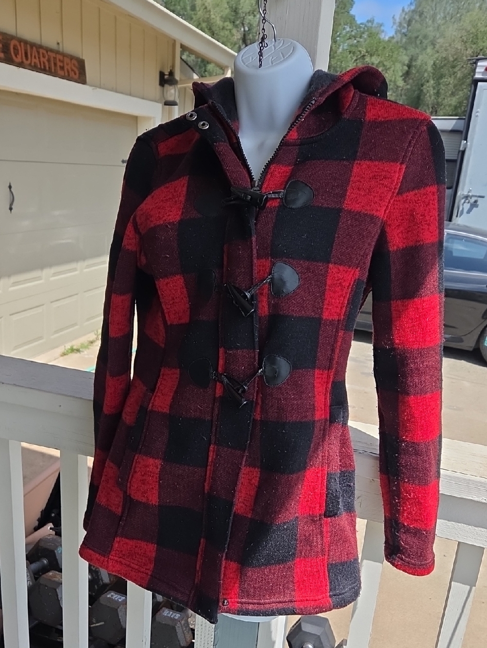 Madden Girl Red and Black Buffalo Plaid Hooded Toggle Peacoat